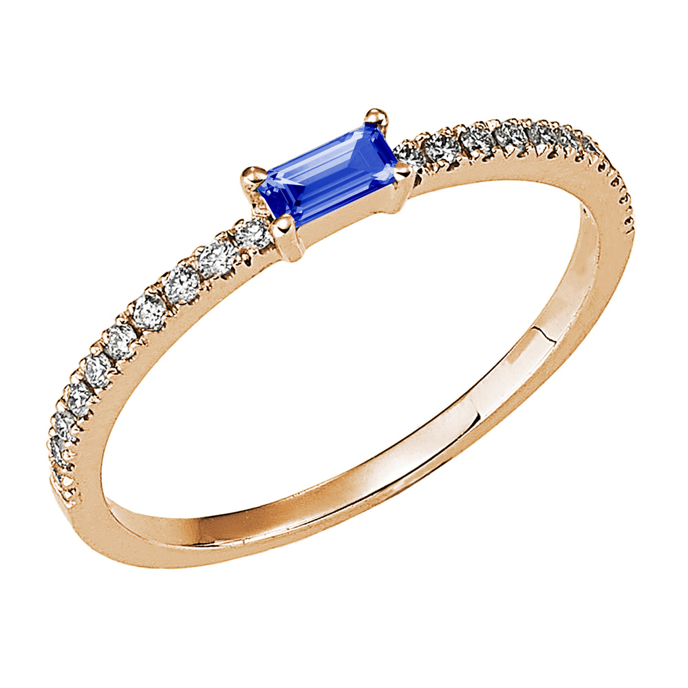 Anello in oro rosa con Zaffiro taglio baguette e Diamanti 