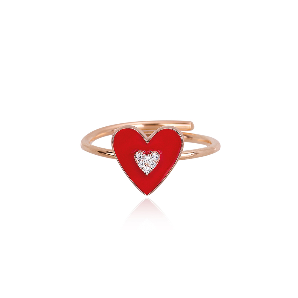 Anello Mabina con Cuore rosso in argento rosato con zirconi