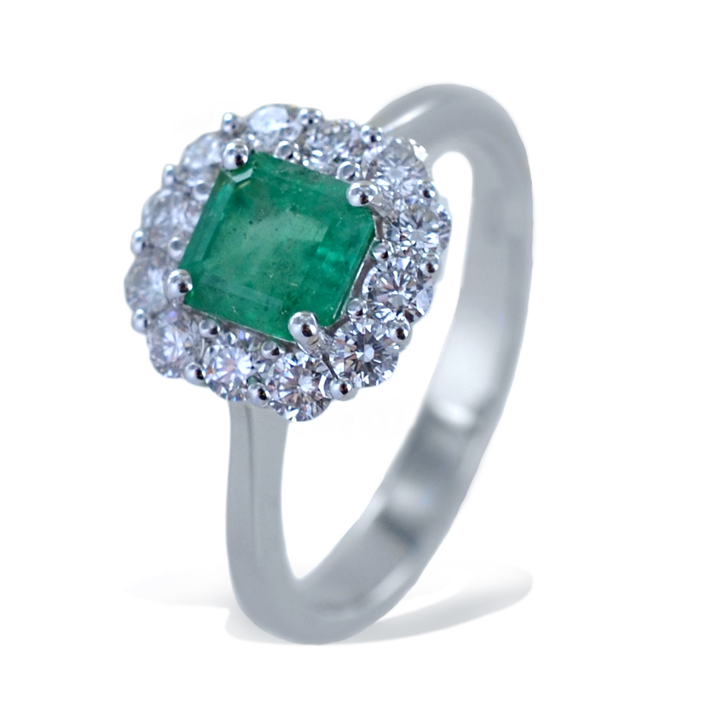 Anello rosetta Smeraldo quadrato e Diamanti