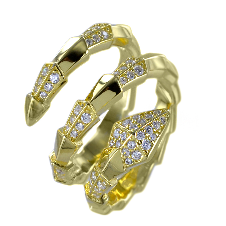 Anello serpente in argento dorato con zirconi a pave 