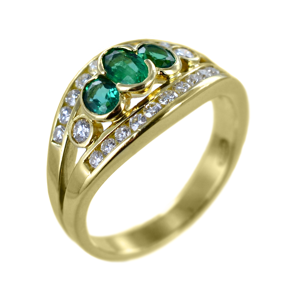 Anello Vintage in oro giallo con Smeraldi e Diamanti