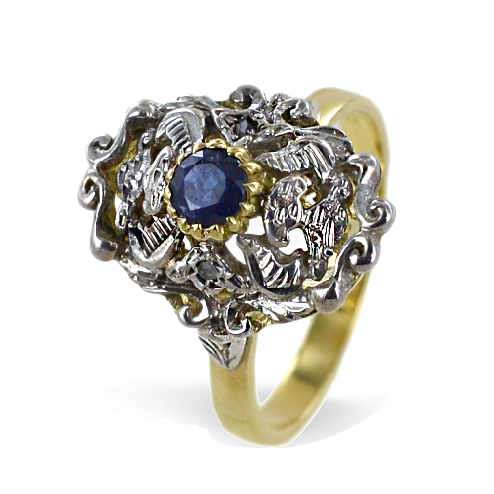 Anello Vintage stile Antico con Diamanti e Zaffiri 