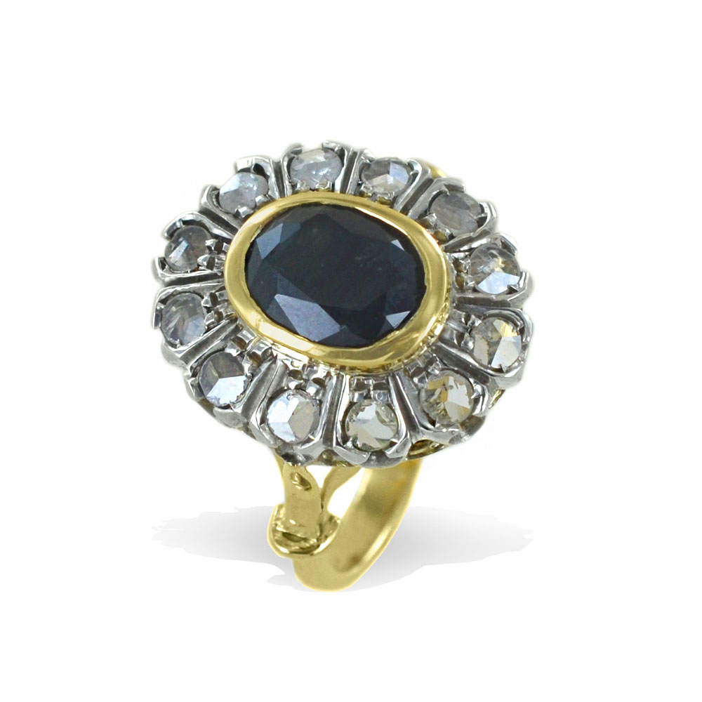 Anello Vintage stile Antico con Diamanti e Zaffiro