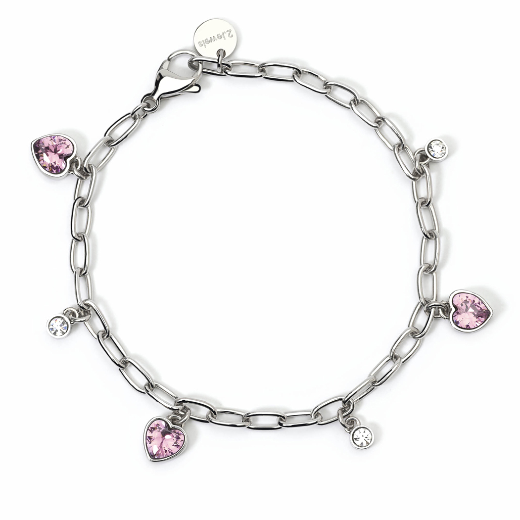 Bracciale 2Jewels in acciaio con zirconi rosa a cuore