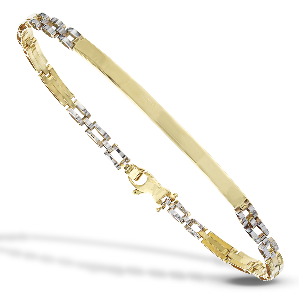 Bracciale a catena con targa rettangolare da uomo oro giallo e bianco