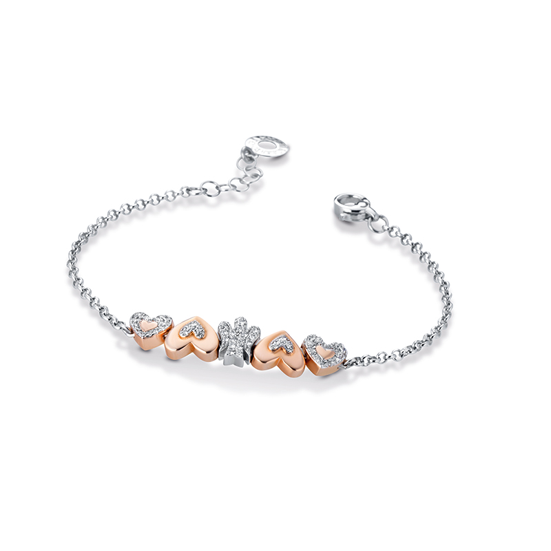 Bracciale con charms Cuori e Angelo in argento con Zirconi GIA 336