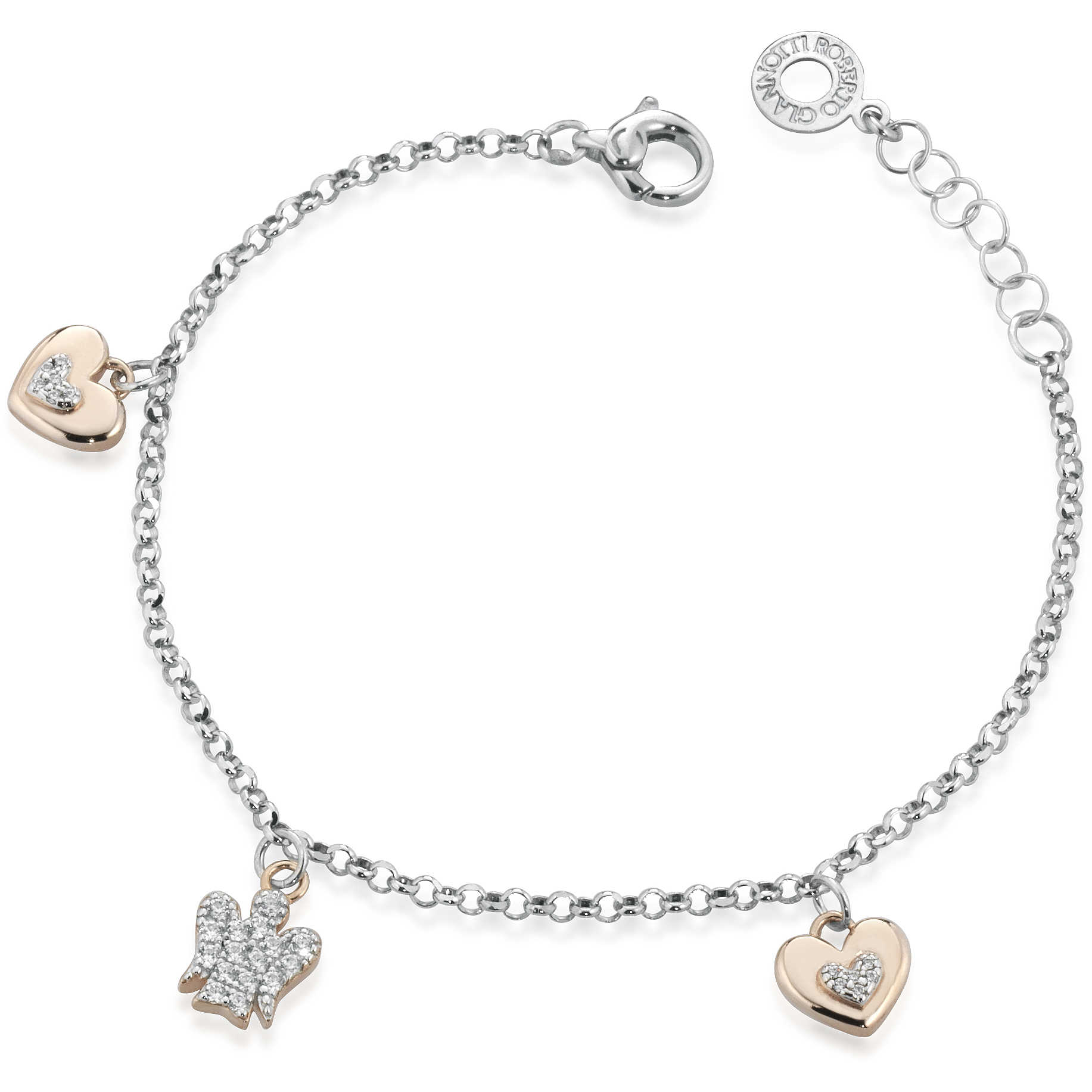 Bracciale con charms Cuori e Angelo in argento con Zirconi GIA333