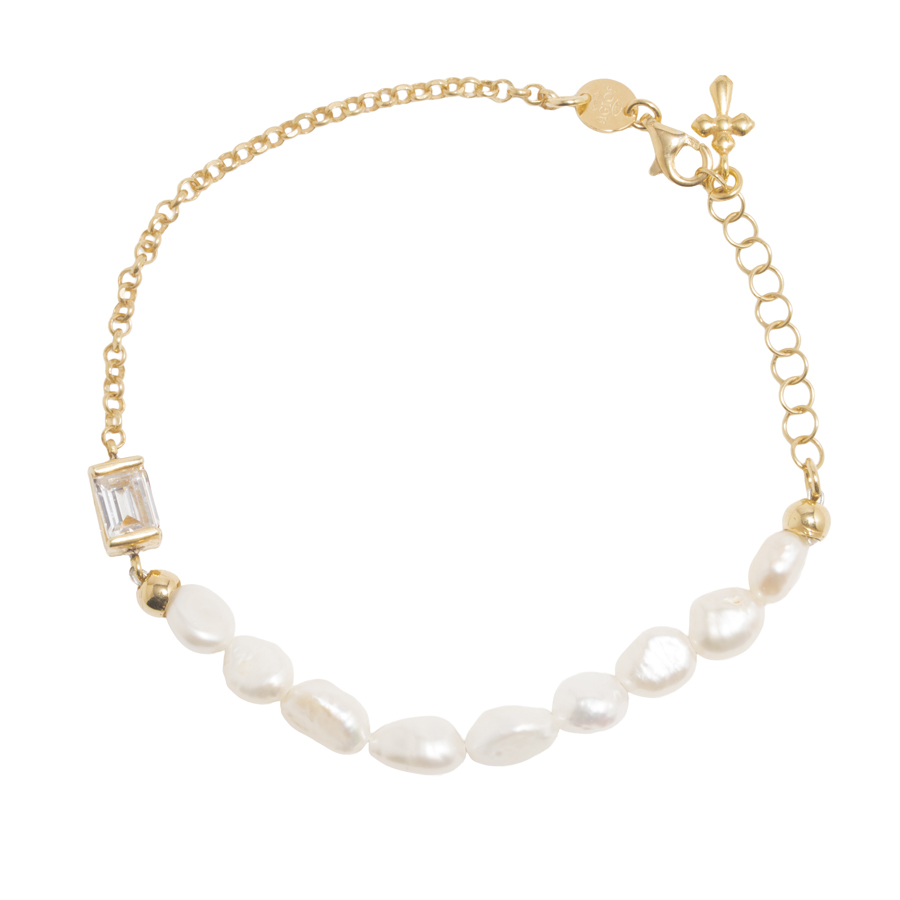 Bracciale con perle e zircone Baguette con ciondolo croce 