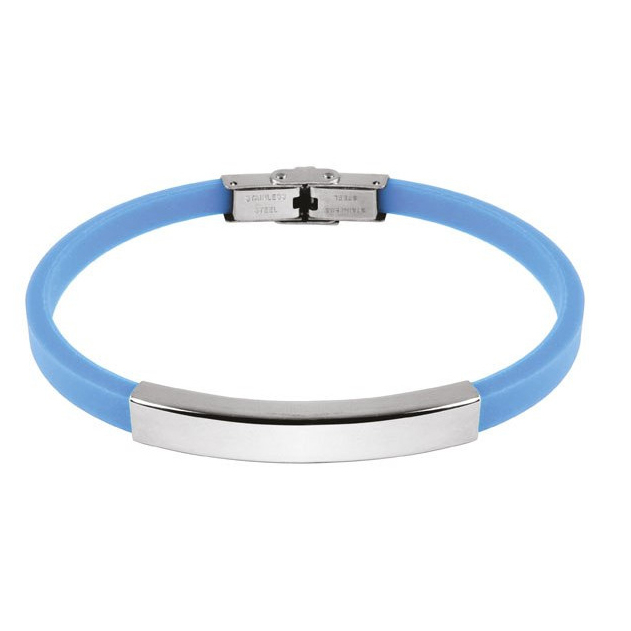 Bracciale con targa in acciaio e caucciu azzurro