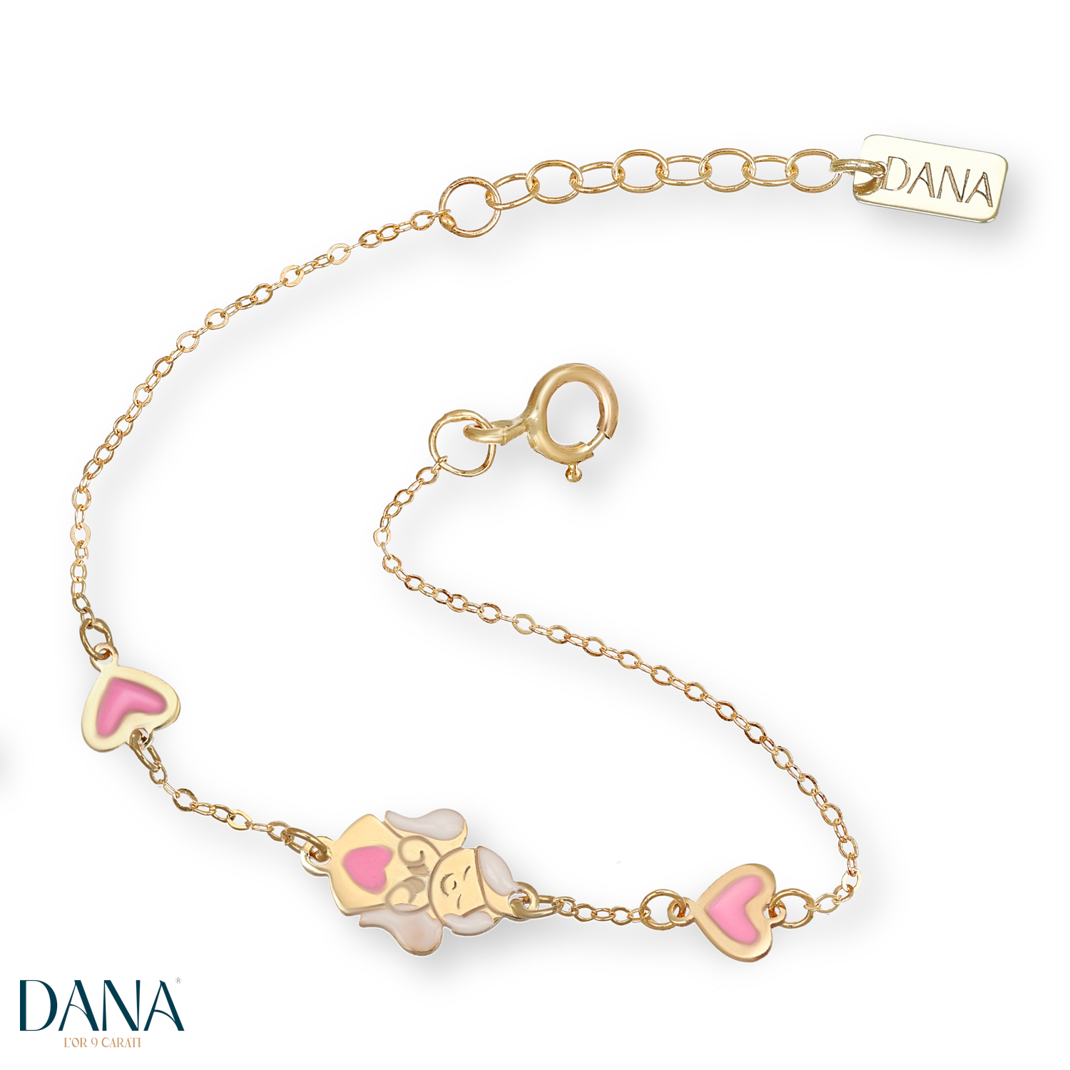 Bracciale da Bambina con Angioletto e cuori con smalto rosa in oro 9 kt