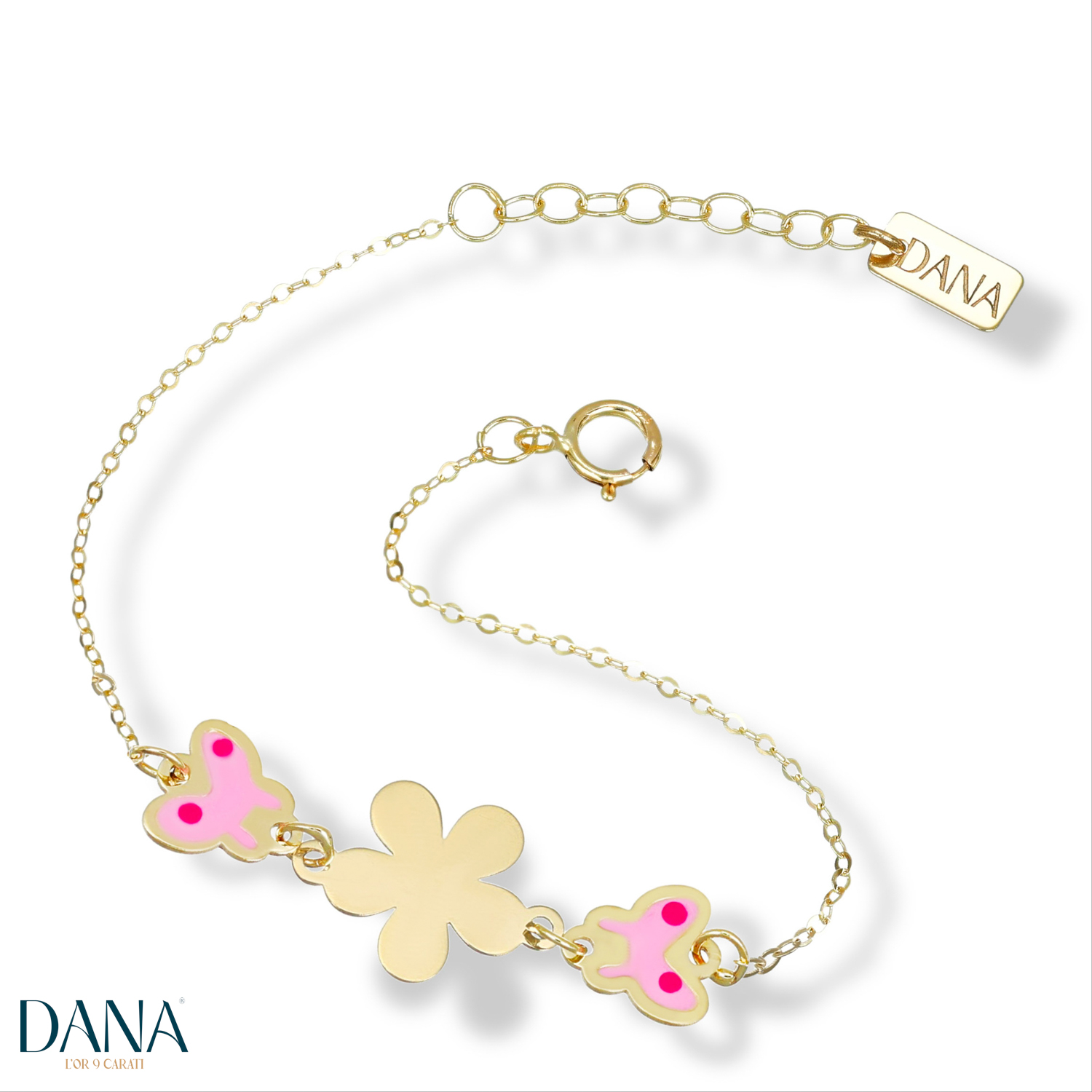 Bracciale da Bambina con fiore e farfalle con smalto rosa in oro 9 kt