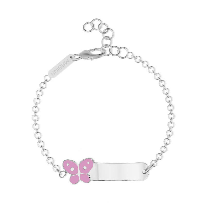 Bracciale da bambina in argento con targhetta e farfalla rosa 533259