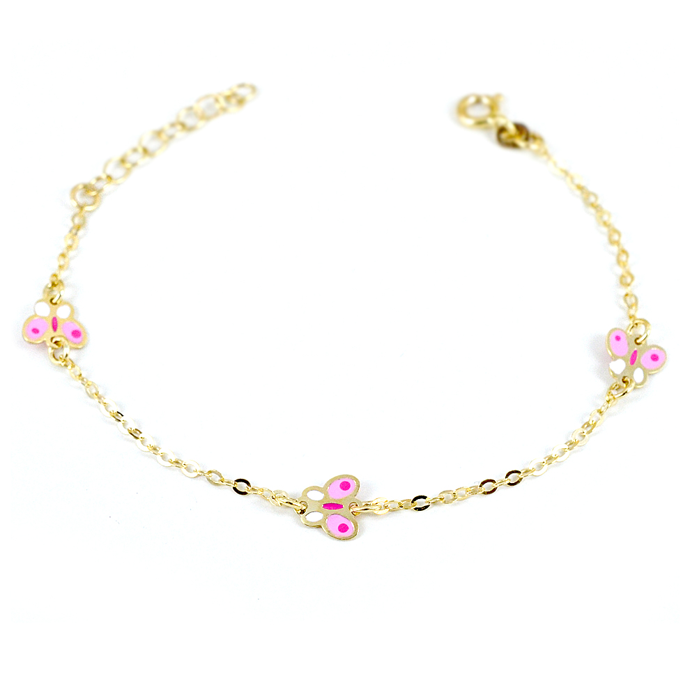 Bracciale da Bambina in oro 9 kt con Farfalle e smalto rosa