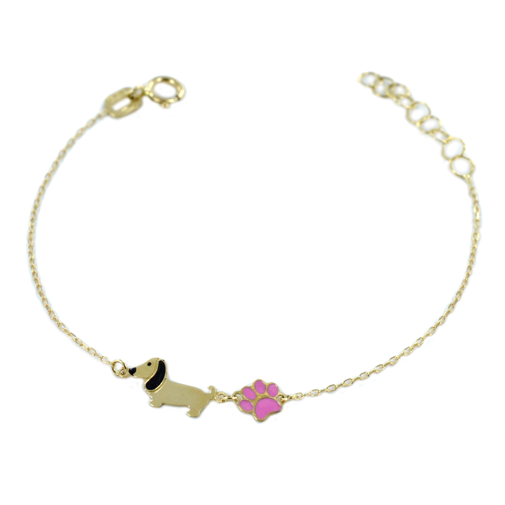 Bracciale da bambina in oro con bassotto e zampina 