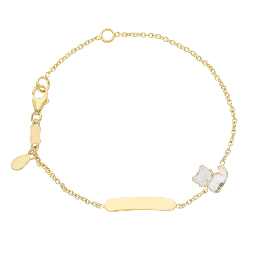 Bracciale da bambina in oro con gattino e targhetta