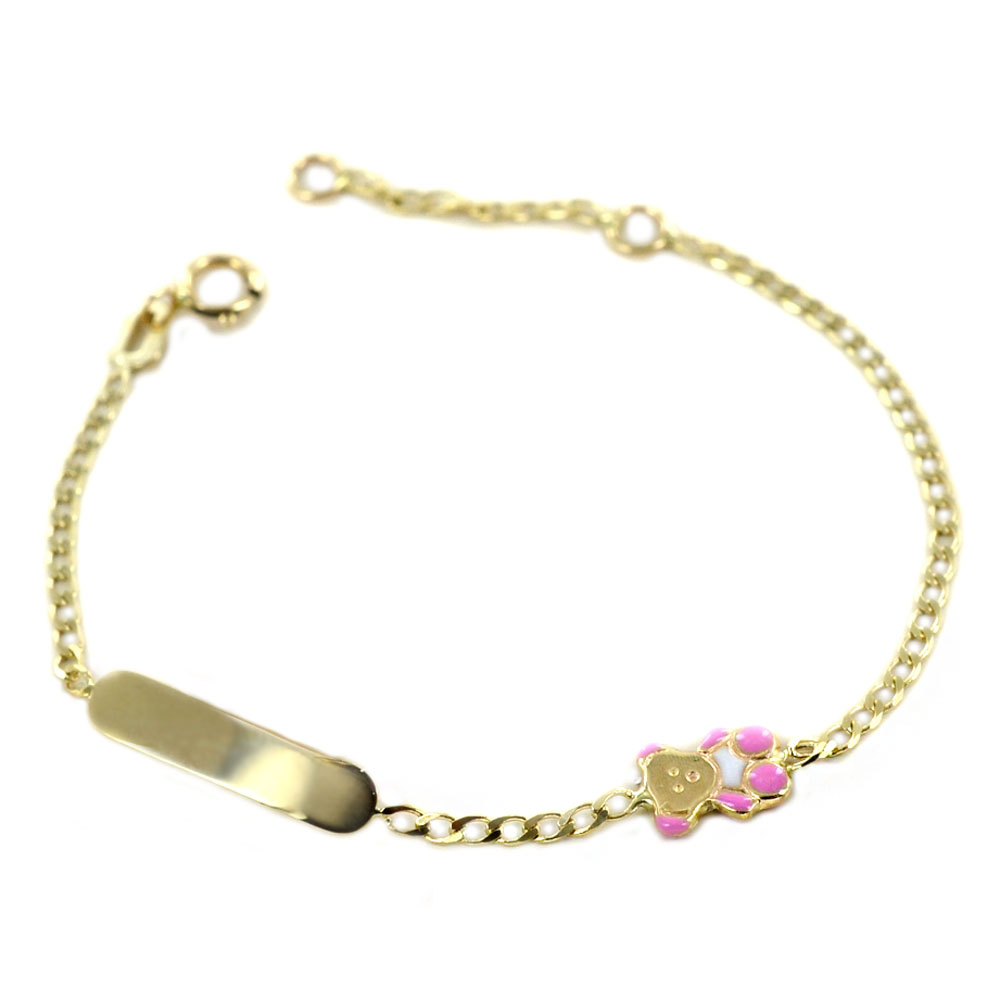 Bracciale da bambina in oro con orsetto rosa e targhetta 