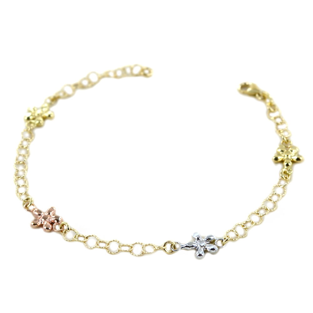 Bracciale da bambina in oro giallo bianco e rosa con Fiori 