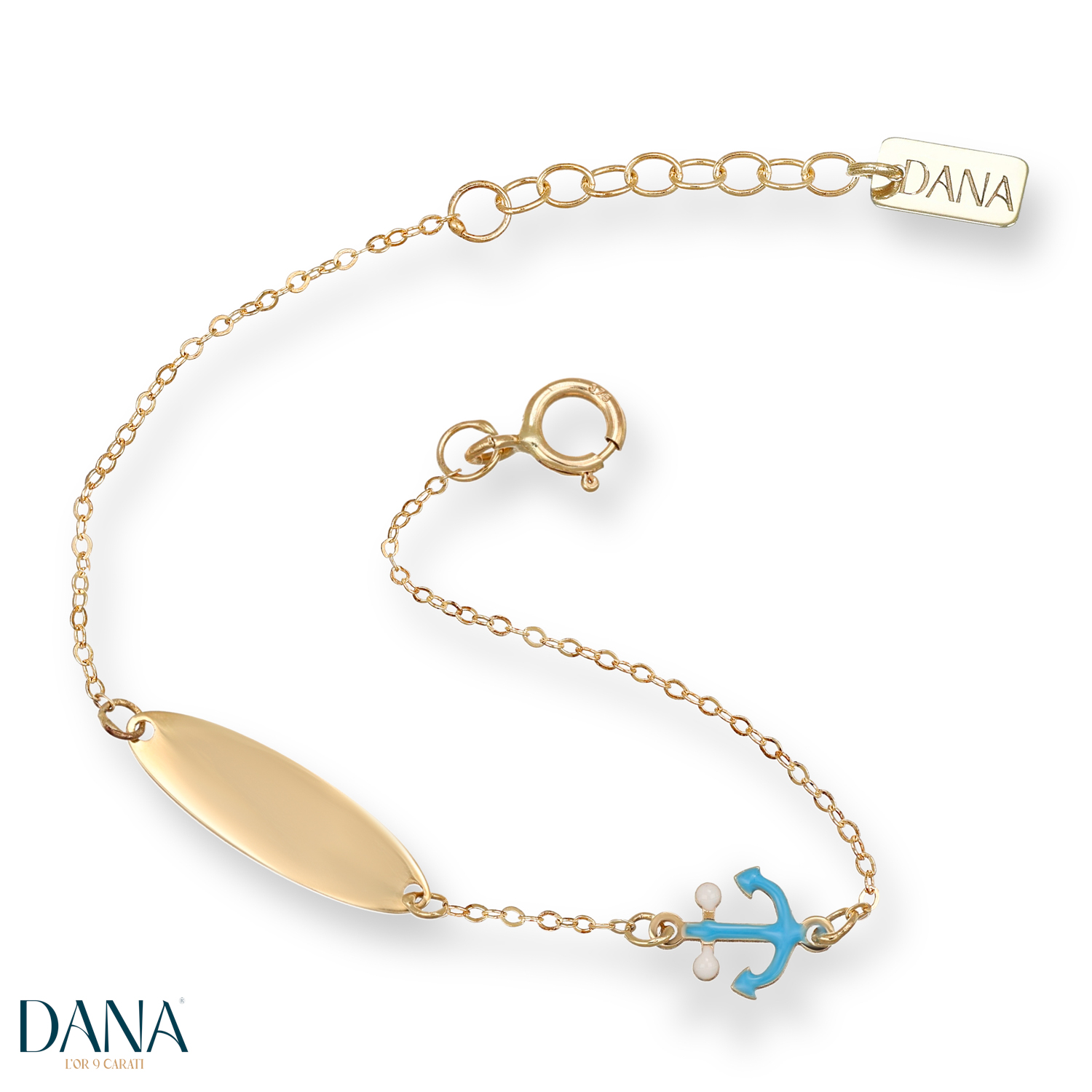 Bracciale da Bambino con ancora smaltata  e targhetta in oro 9 kt