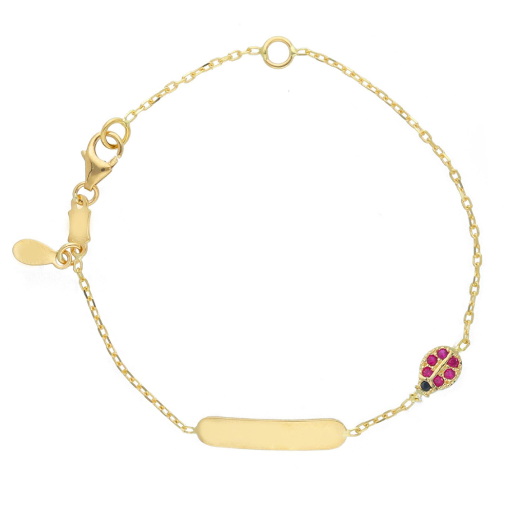 Bracciale da bambino con targhetta in oro giallo e zirconi Coccinella
