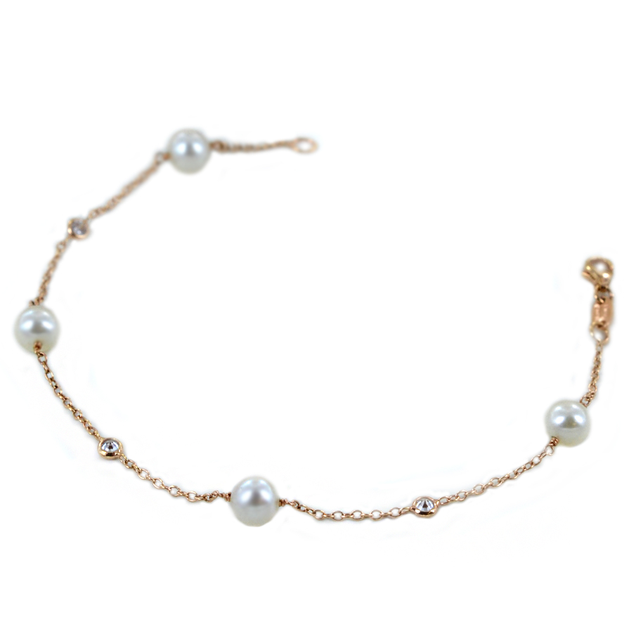 Bracciale da donna in oro rosa con perle e zirconi bianchi