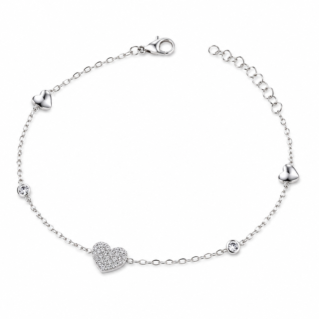 Bracciale da ragazza luminoso con Cuori in oro bianco e zirconi charms