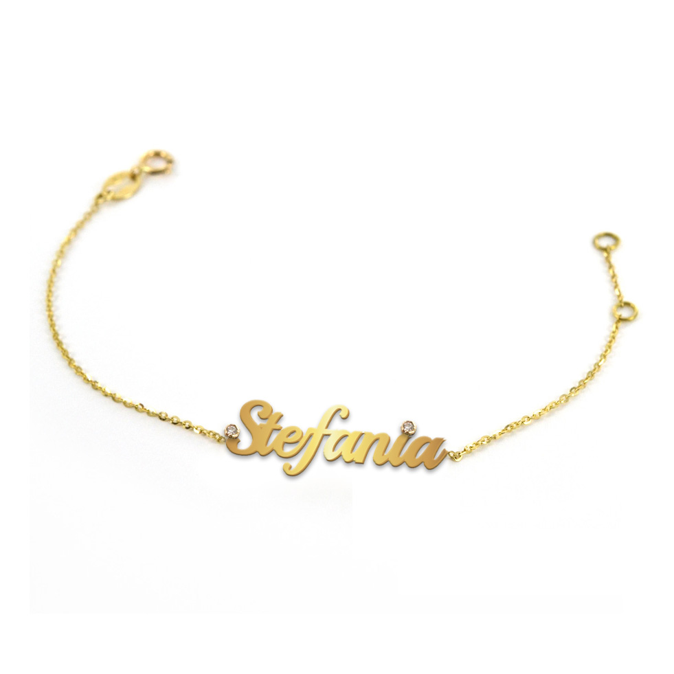 Bracciale da ragazza personalizzato con nome in oro giallo con due diamanti