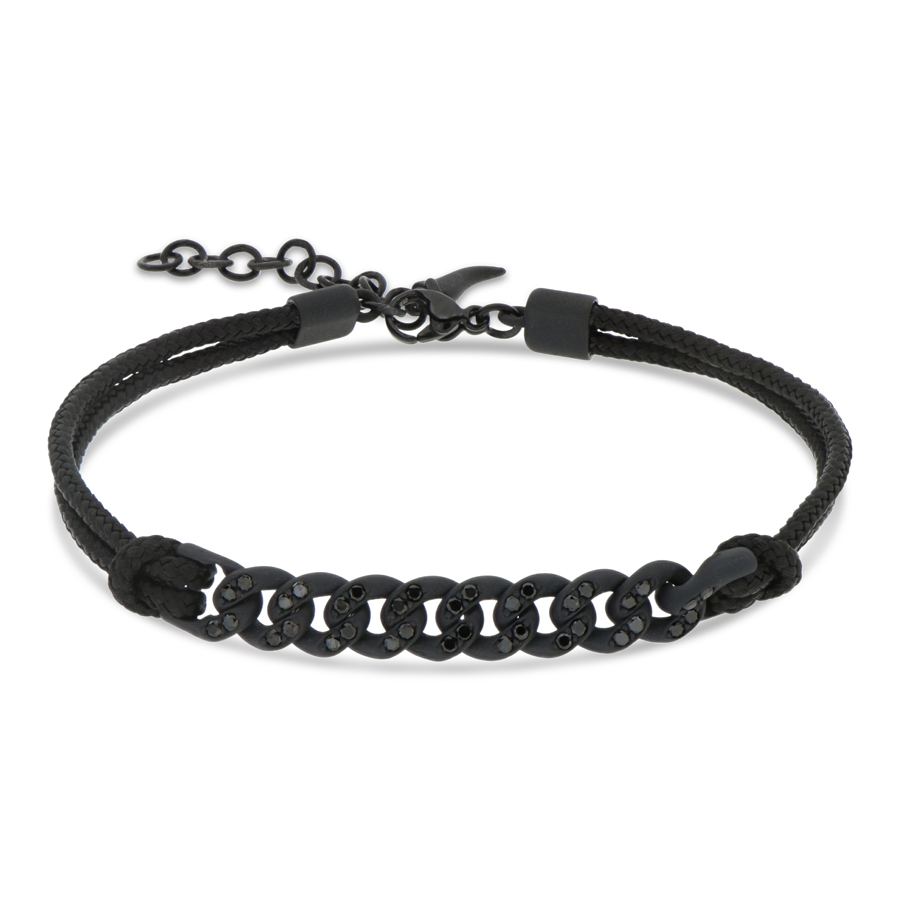 Bracciale da uomo groumette in Titanio nero con diamanti neri e cordoncino 
