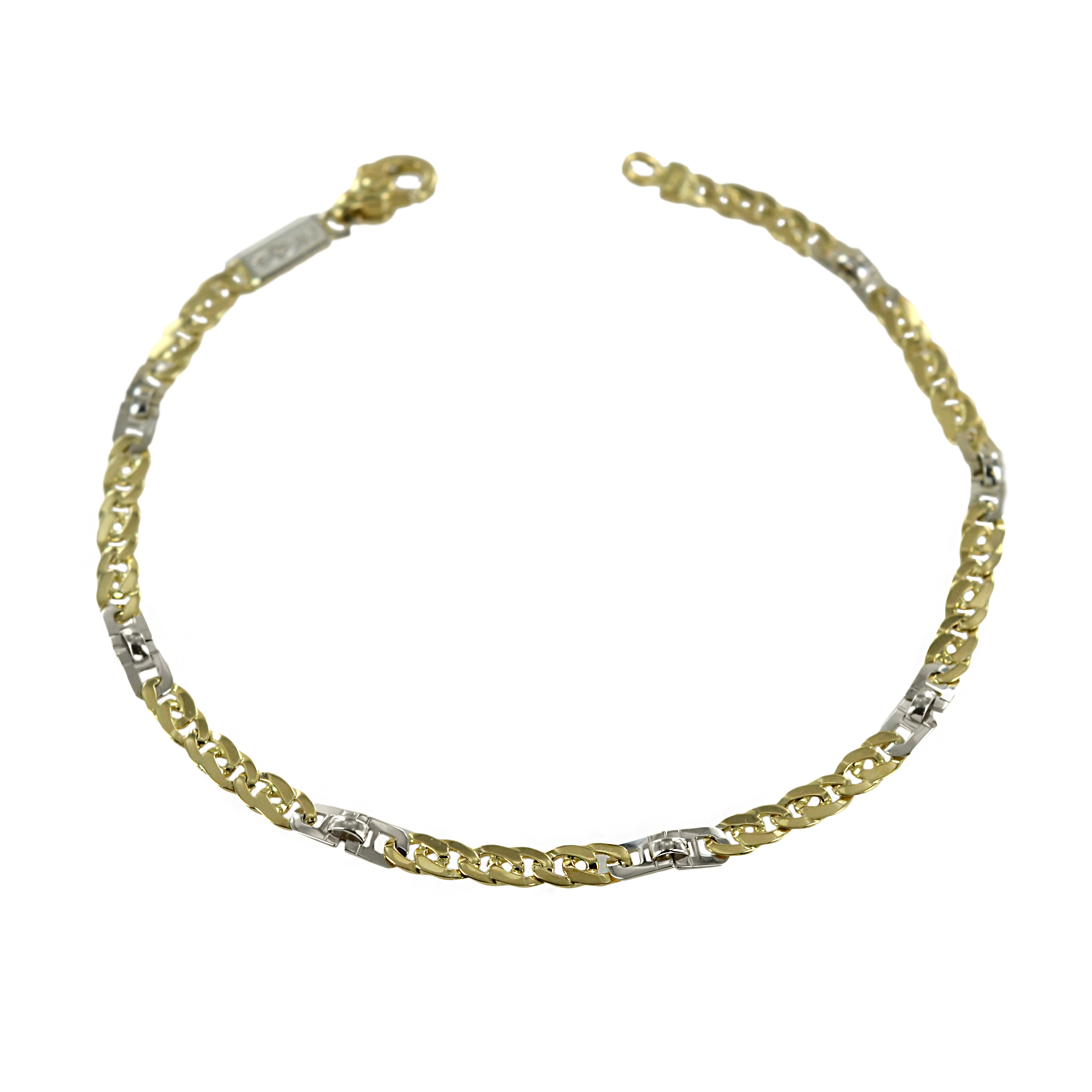 Bracciale da uomo in oro giallo con dettagli in oro bianco a maglia groumette piatta