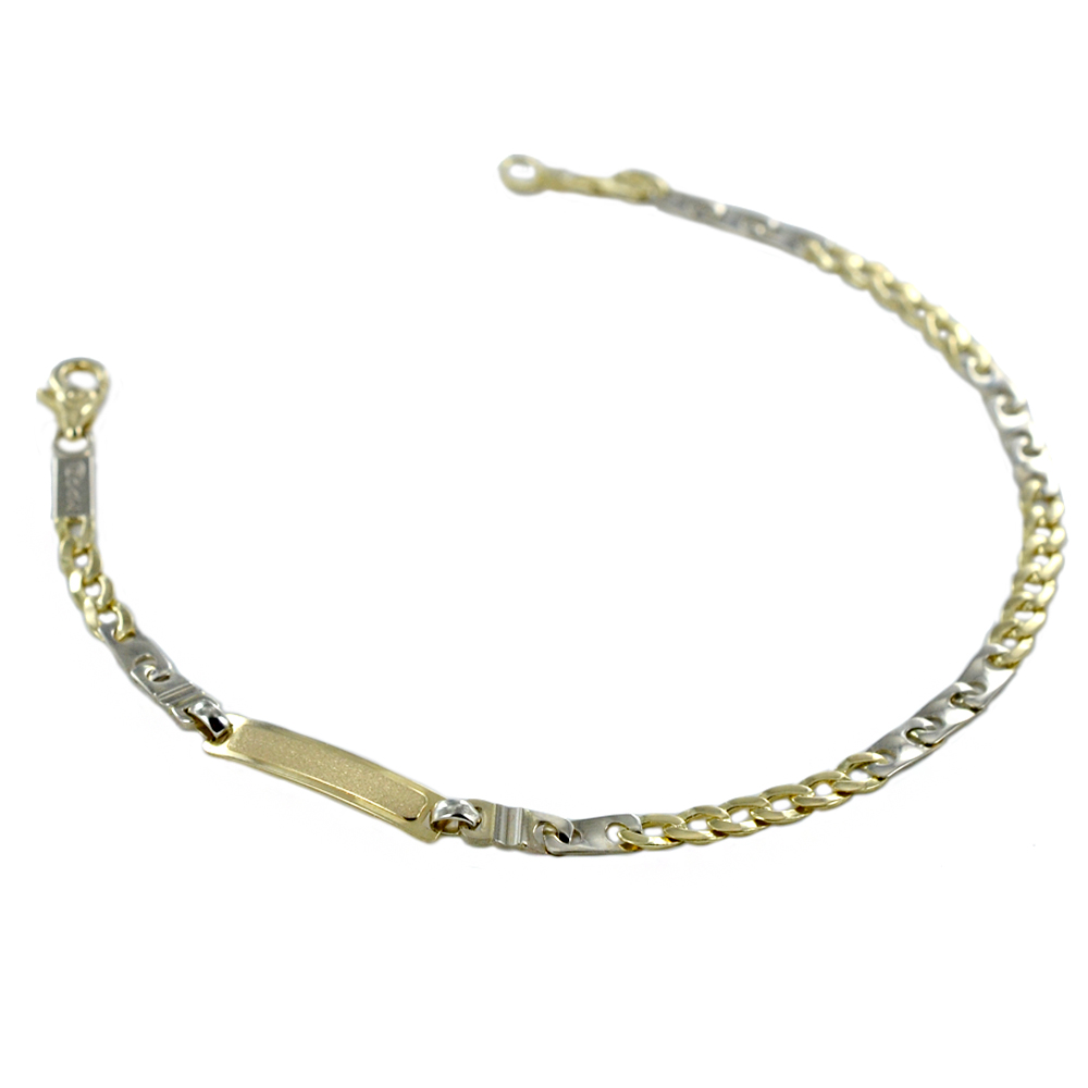 Bracciale da uomo in oro giallo e bianco a maglia groumette alternata con targhetta 