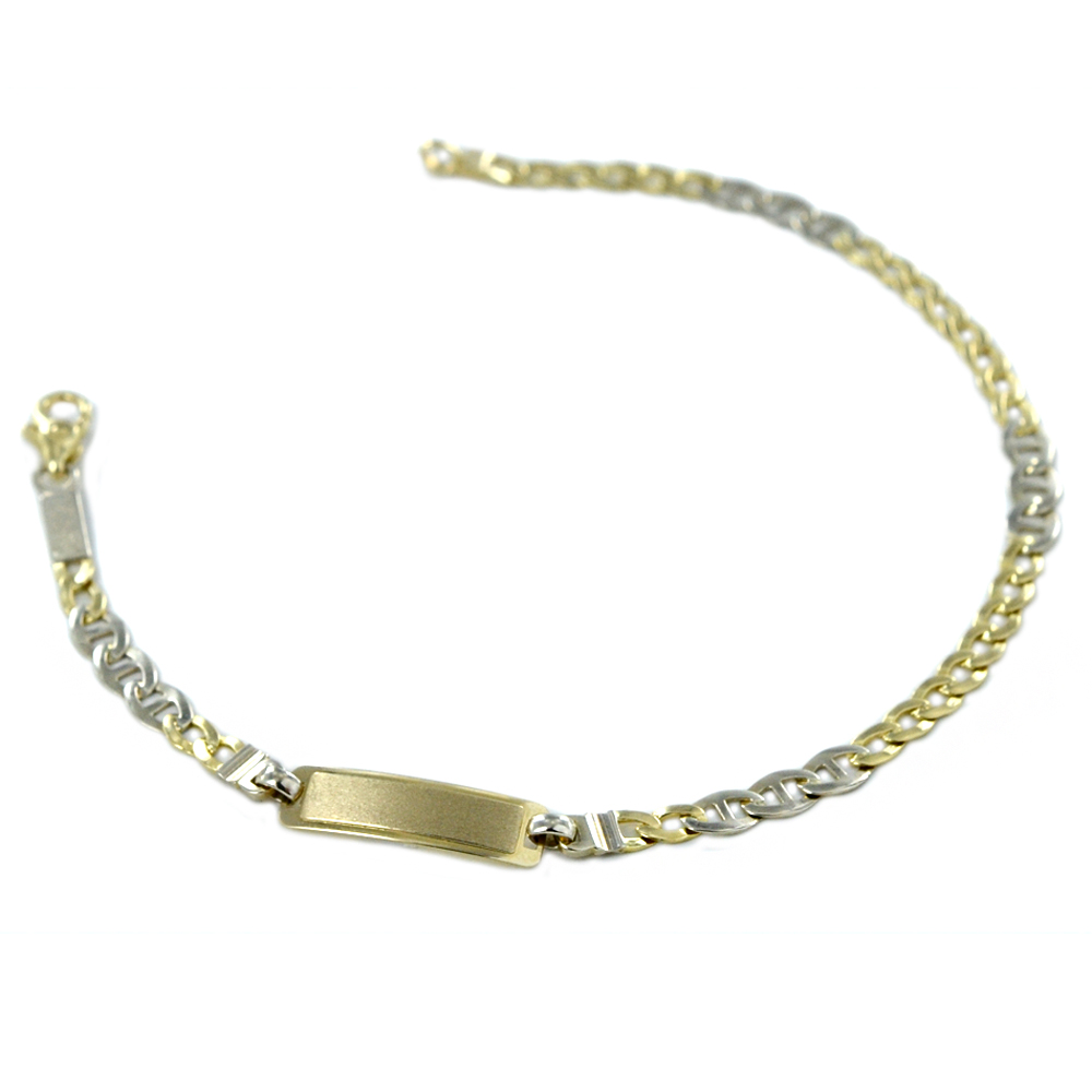 Bracciale da uomo in oro giallo e bianco a maglia groumette alternata con targhetta 