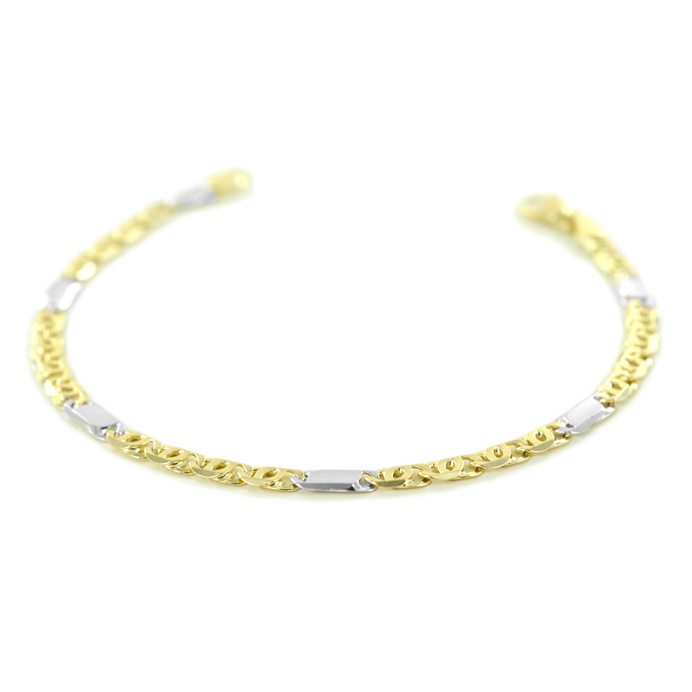 Bracciale da uomo in oro giallo e bianco a maglia occhio di pernice