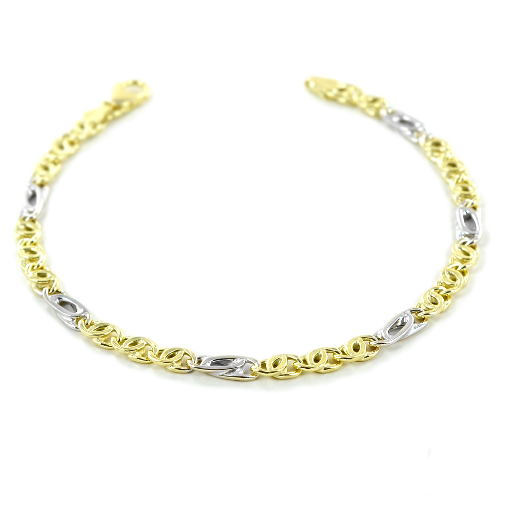 Bracciale da uomo in oro giallo e bianco a maglia occhio di pernice