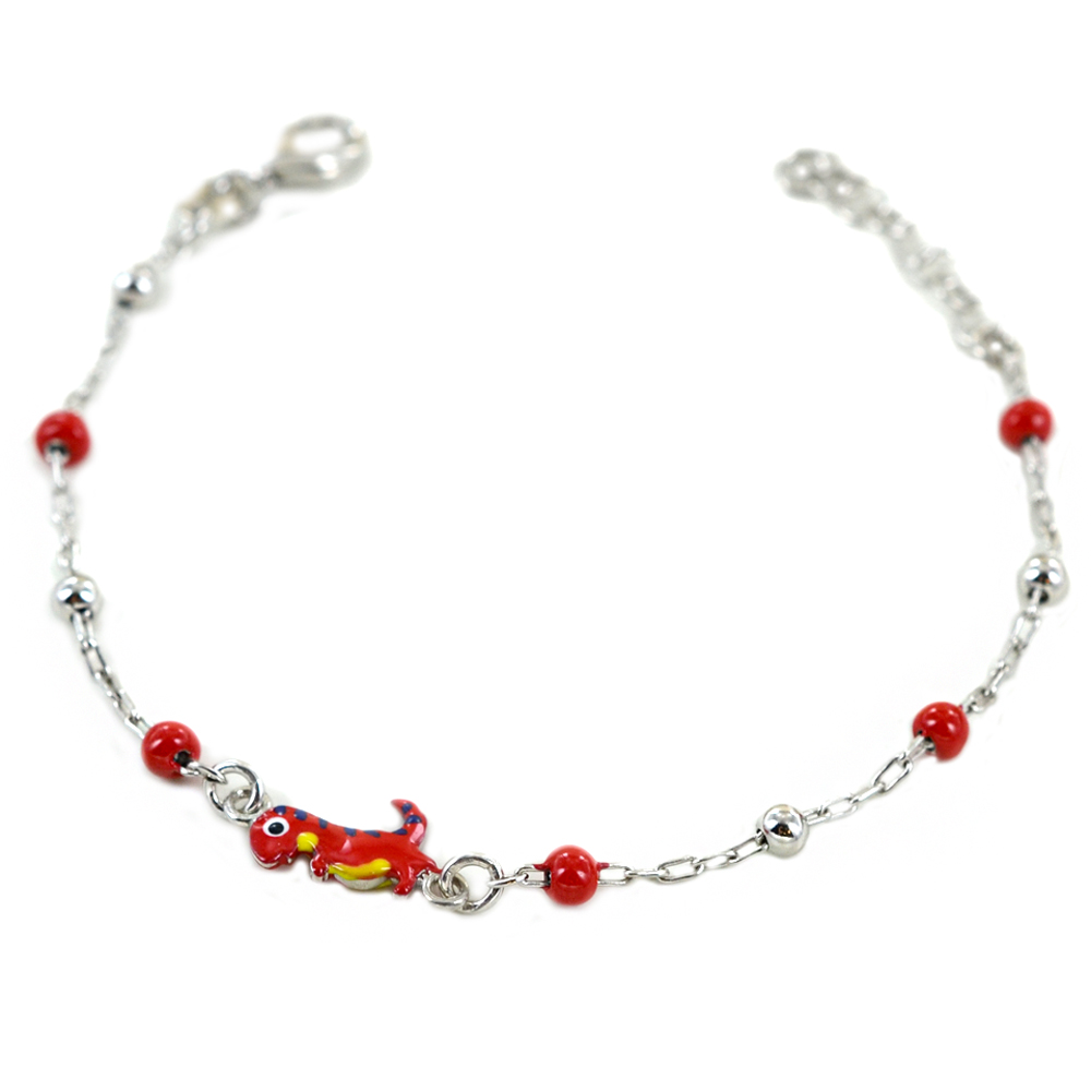 Bracciale Dinosauro T-Rex rosso da bambino in argento e smalti 