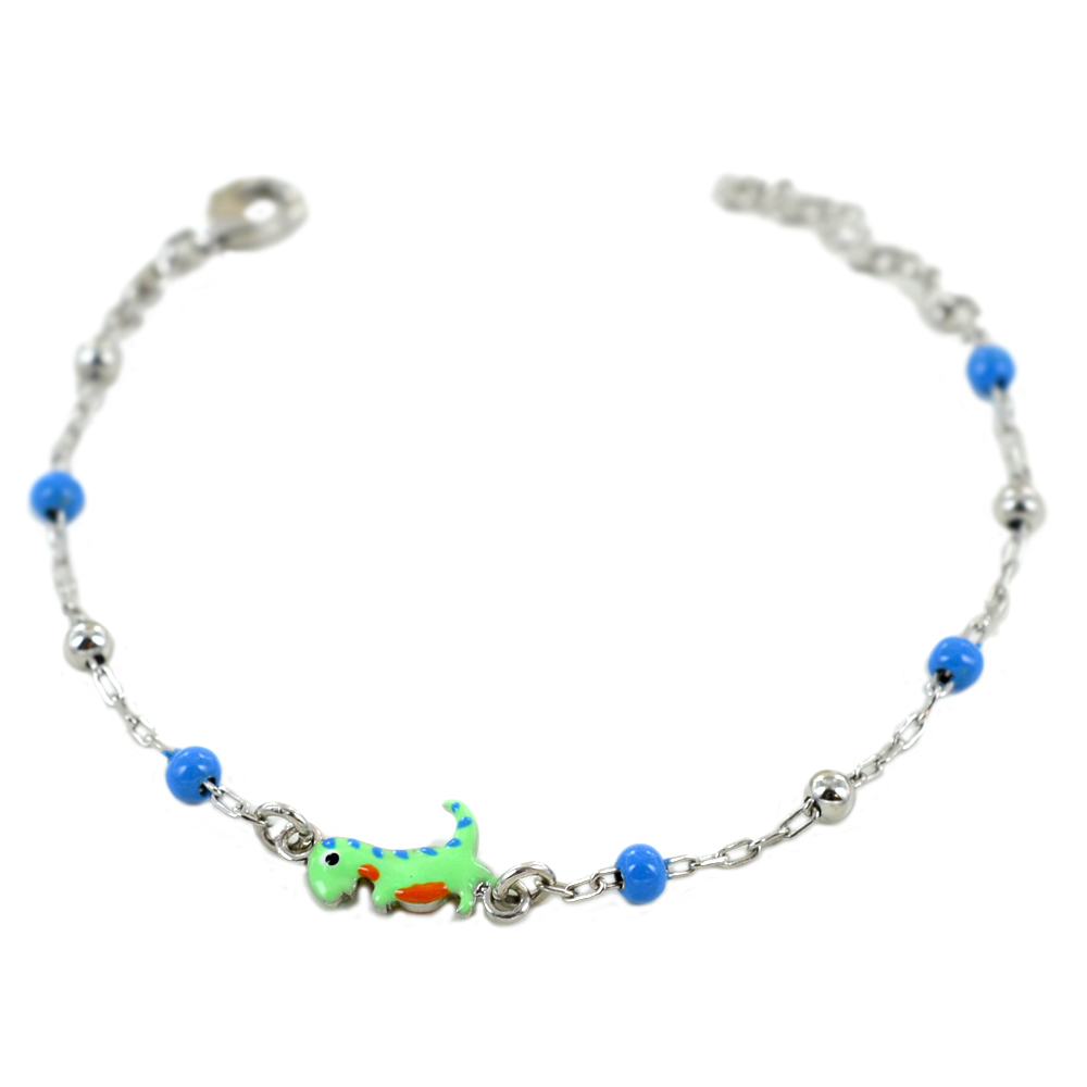 Bracciale Dinosauro T-Rex verde e azzurro da bambino in argento e smalti 