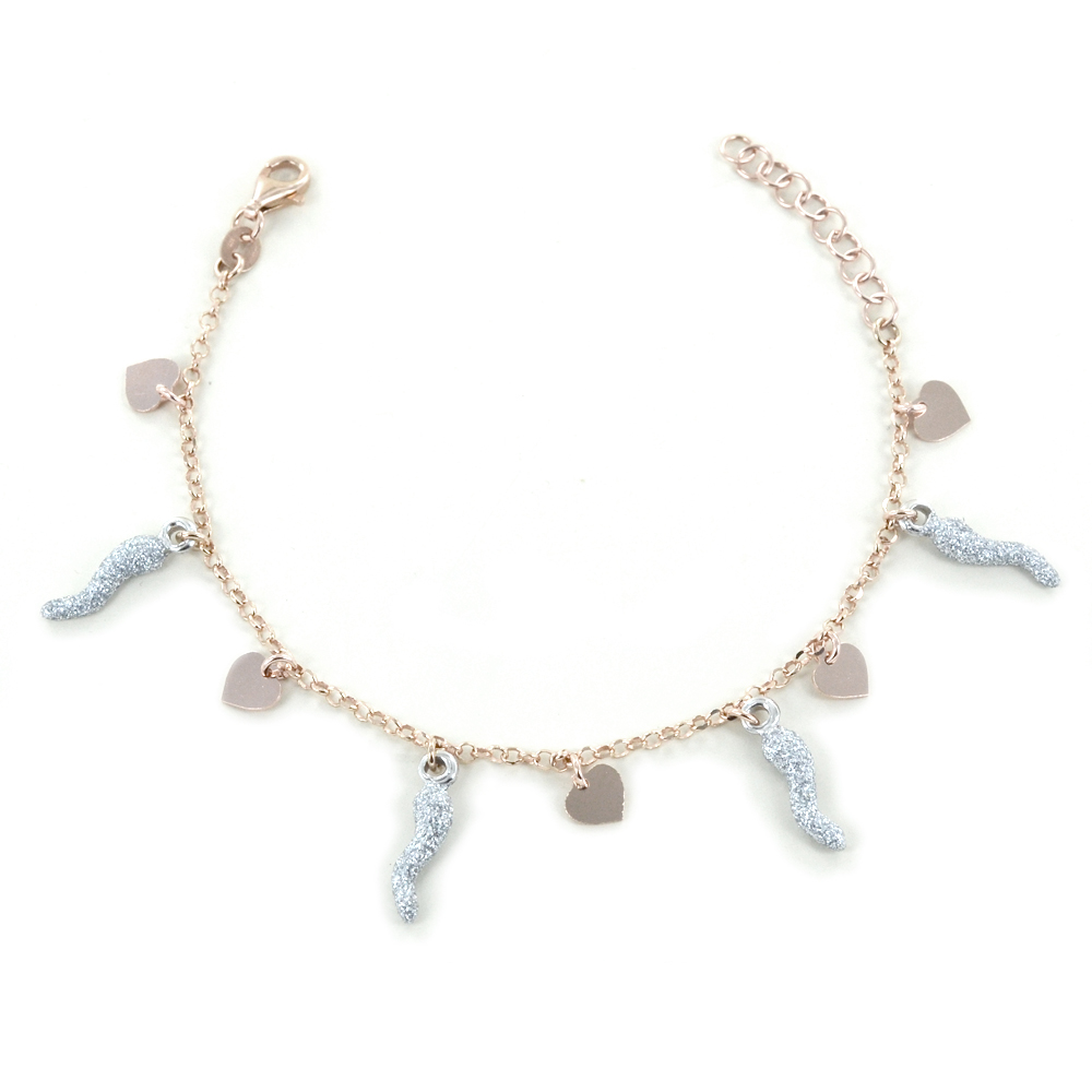 Bracciale in argento con charms cuori e corni glitter