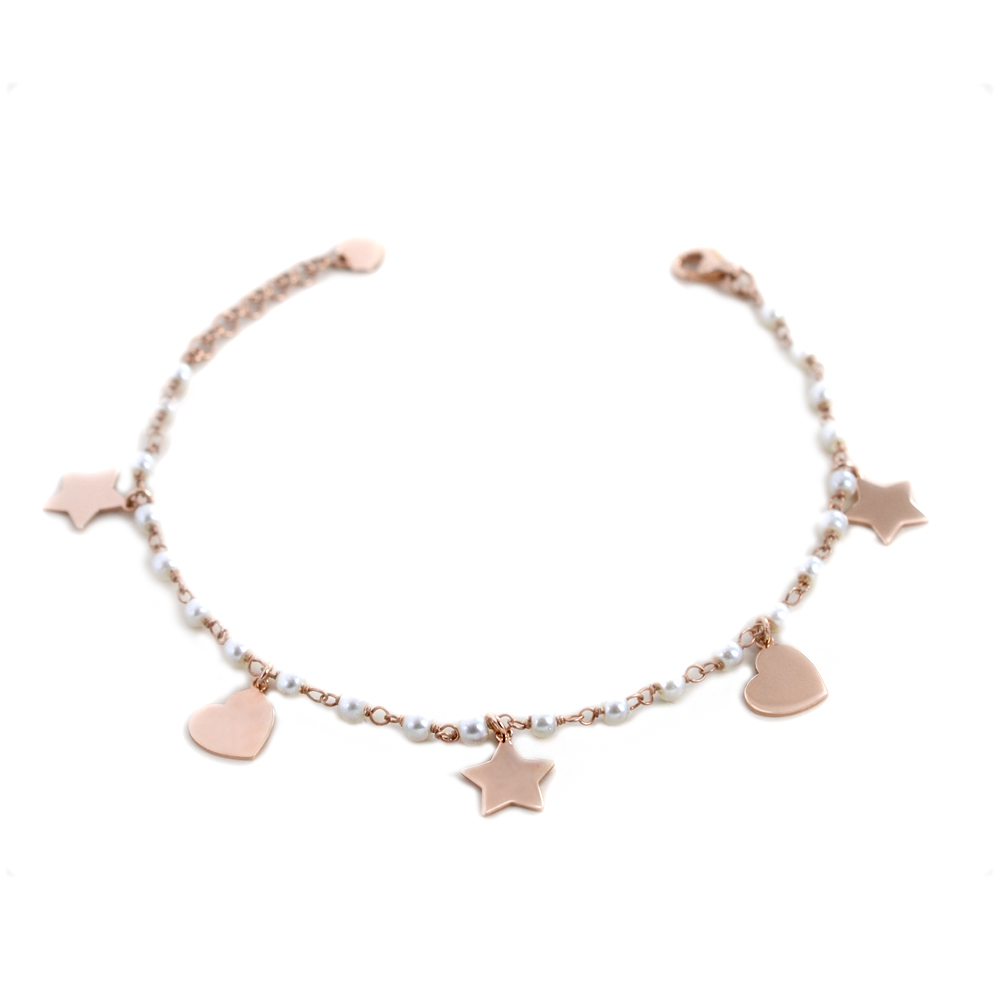 Bracciale in argento con charms cuori stelle e perle