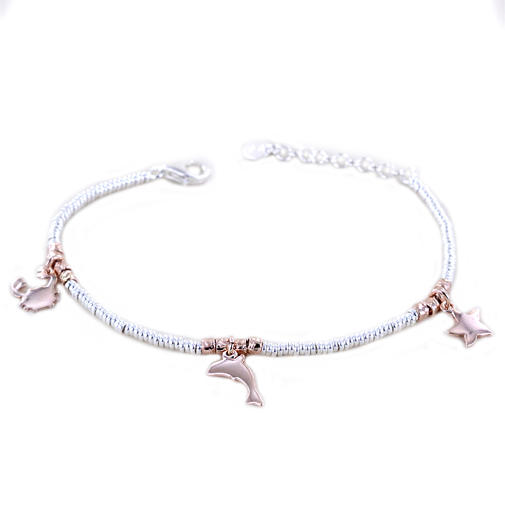 Bracciale in argento con charms delfino stella marina granchio rosati 