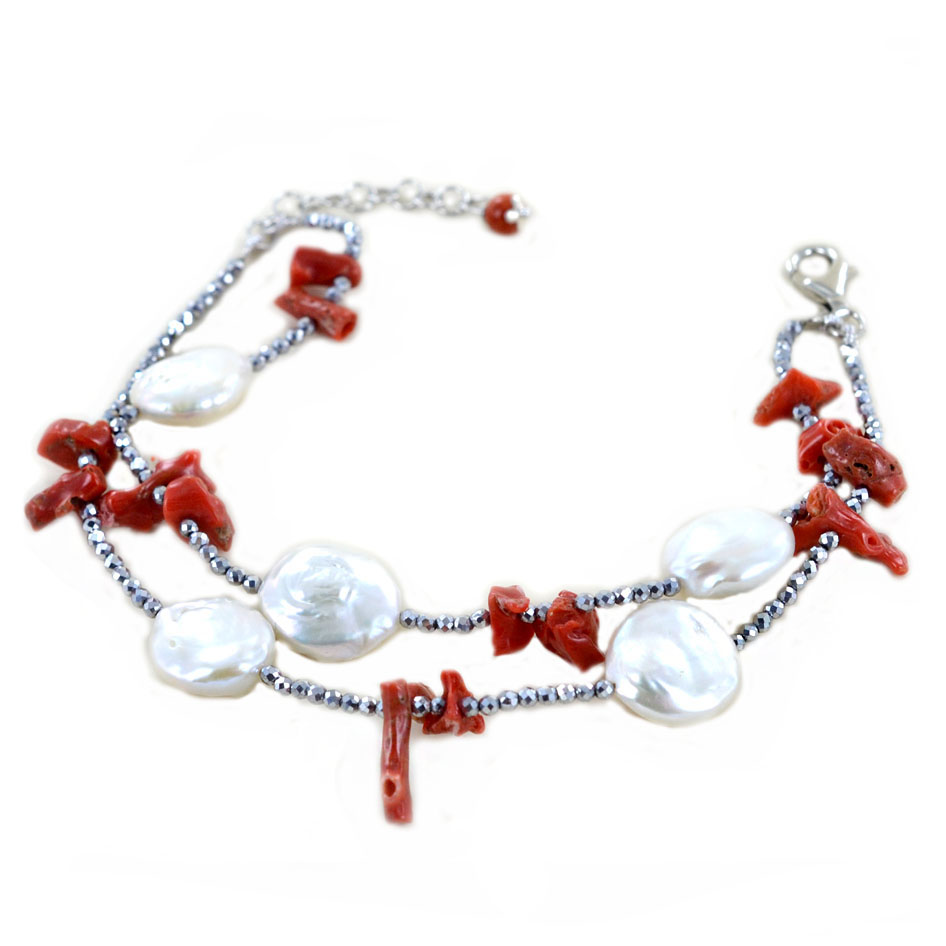 Bracciale in argento con perle barocche e corallo