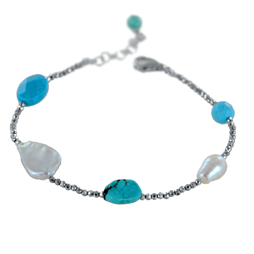 Bracciale in argento con perle barocche e turchese