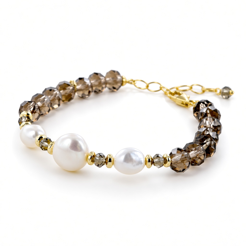 Bracciale in Argento con perle di acqua dolce cristalli fume e ematite