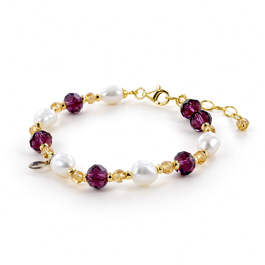 Bracciale in Argento con perle di acqua dolce cristalli rosa e ematite gialla