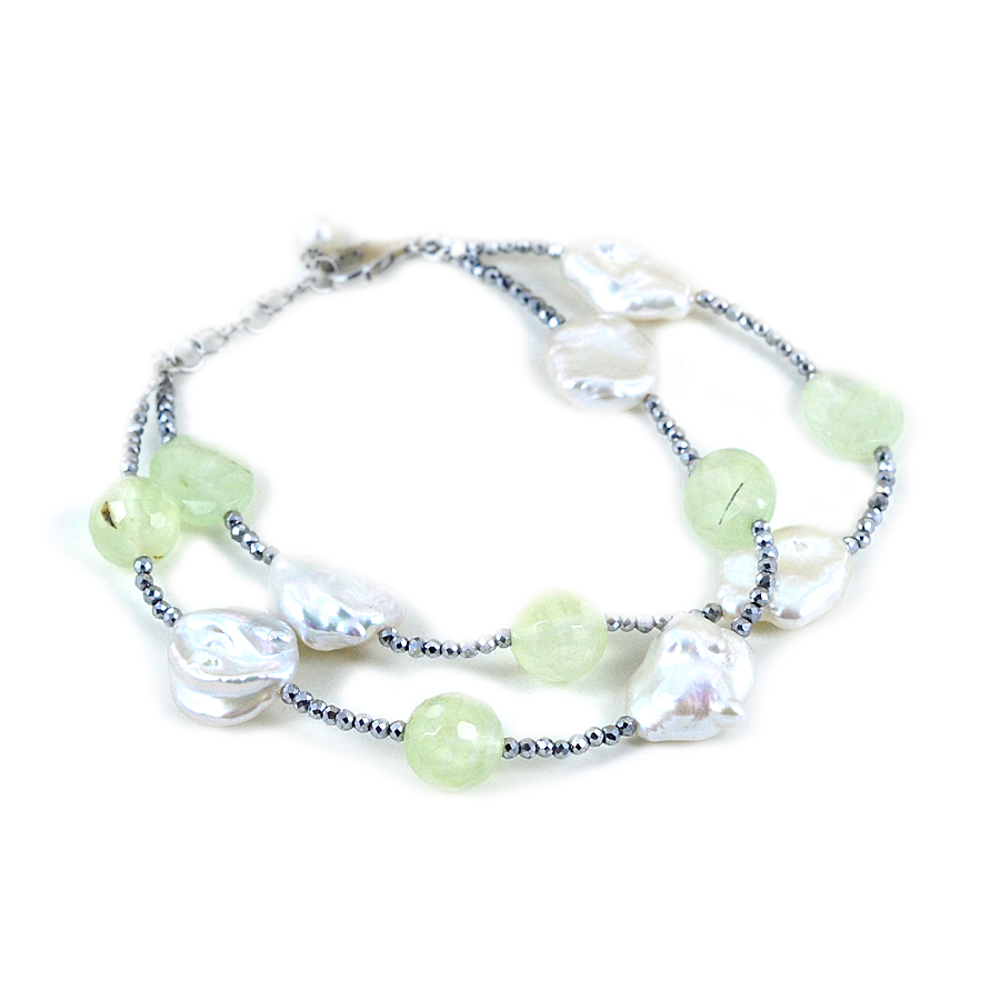 Bracciale in argento con perle e Prehnite