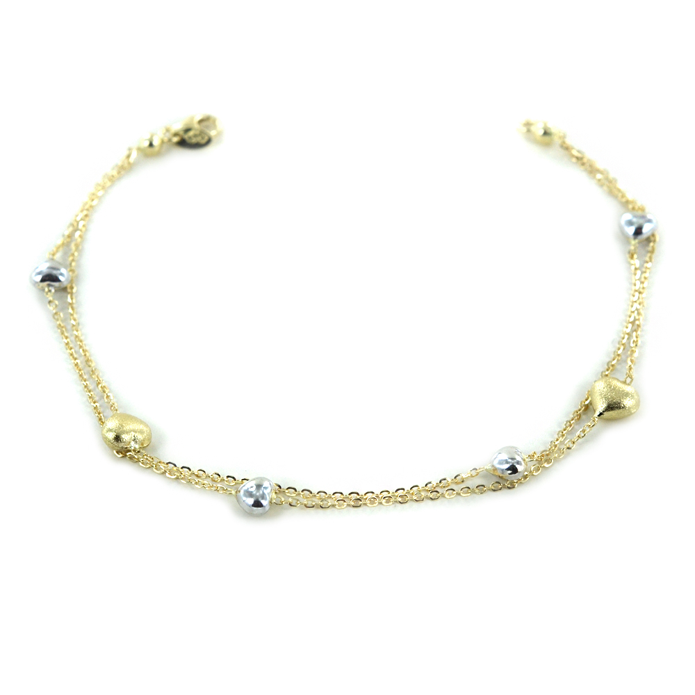 Bracciale in oro con cuori a doppia catena 