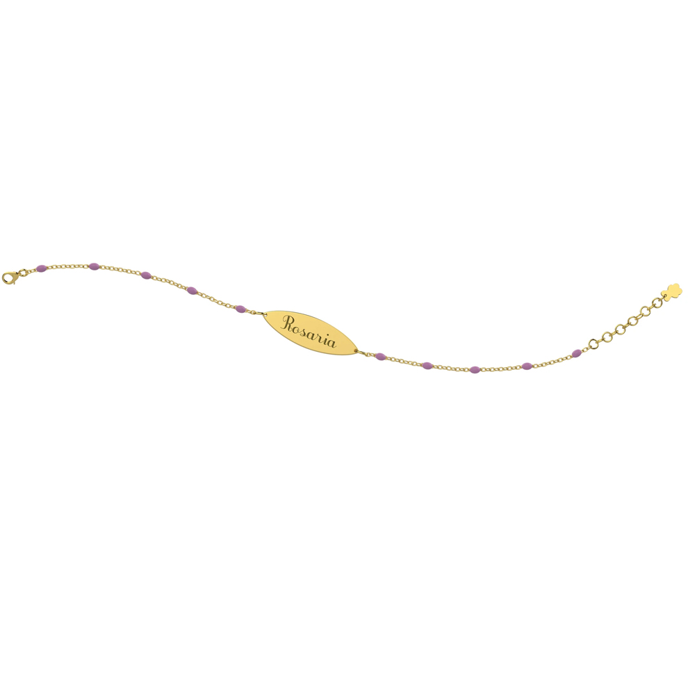 Bracciale Nanan da bambina in oro 9kt con targhetta e sfere lilla personalizzabile NGLD0002