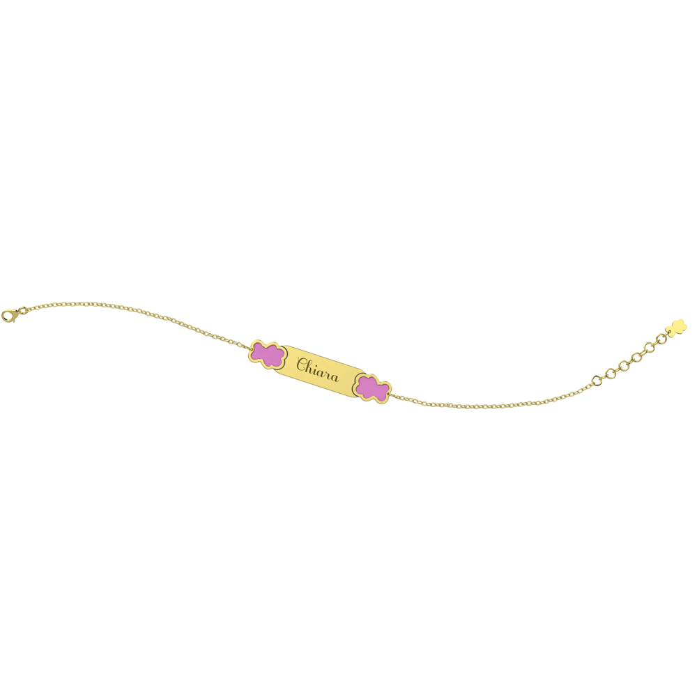 Bracciale Nanan da bambina in oro 9kt con targhetta personalizzabile e orsetti rosa NGLD0022