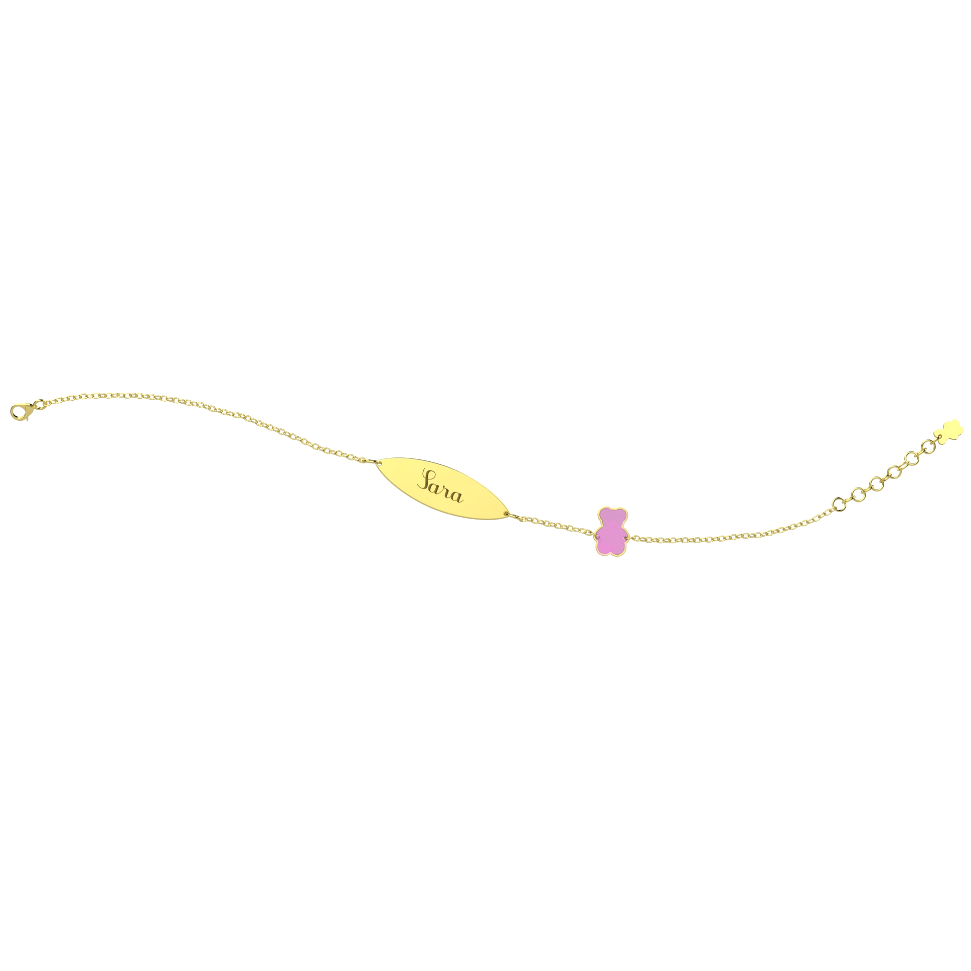 Bracciale Nanan da bambina in oro 9kt con targhetta personalizzabile e orsetto rosa NGLD0005