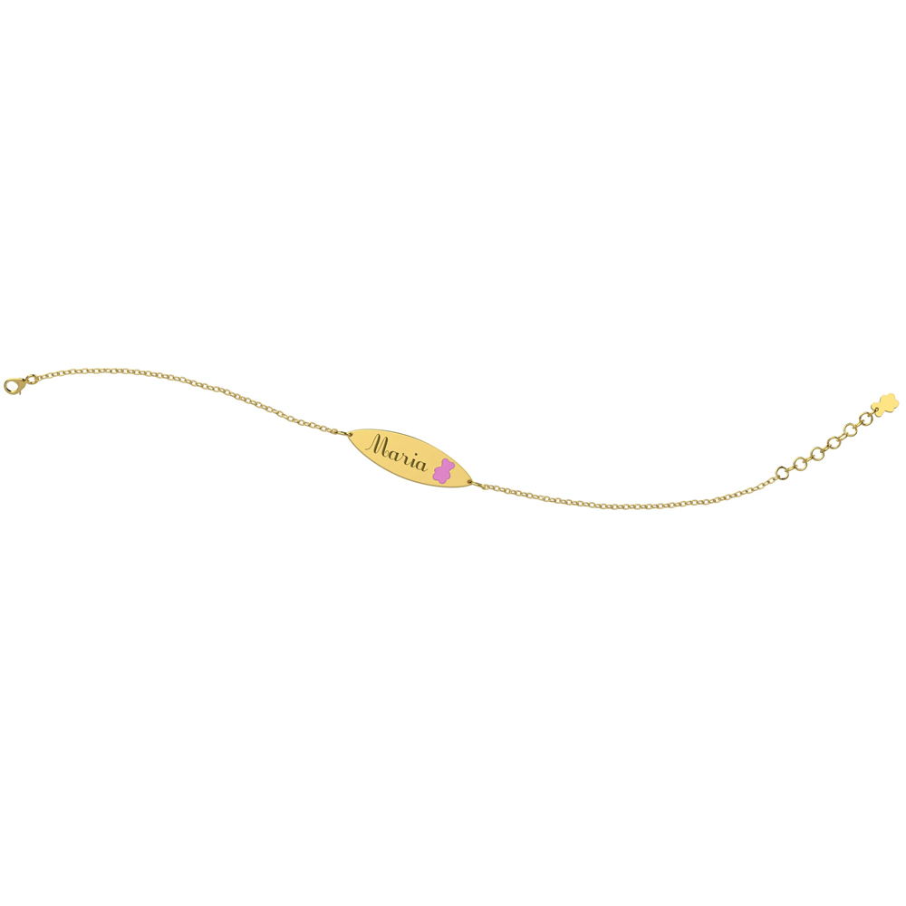 Bracciale Nanan da bambina in oro 9kt con targhetta personalizzabile e orsetto rosa NGLD0016