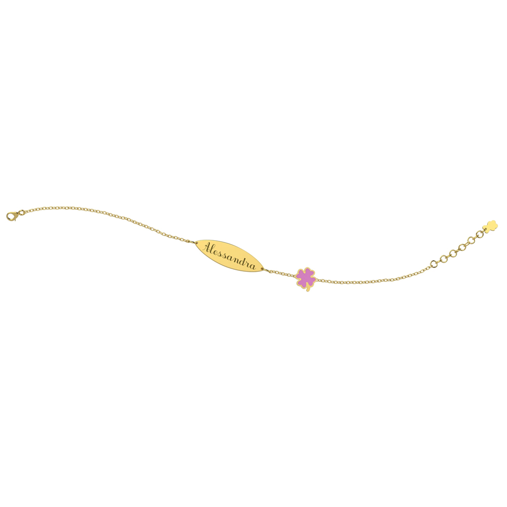 Bracciale Nanan da bambina in oro 9kt con targhetta personalizzabile e quadrifoglio rosa NGLD0008