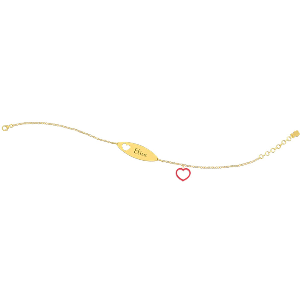 Bracciale Nanan da bambina/o in oro 9kt con targhetta personalizzabile e cuore rosso NGLD0045