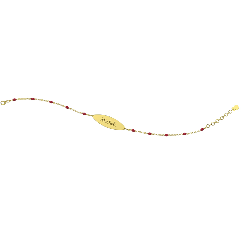 Bracciale Nanan da bambino/a in oro 9kt con targhetta e sfere rosse personalizzabile NGLD0001